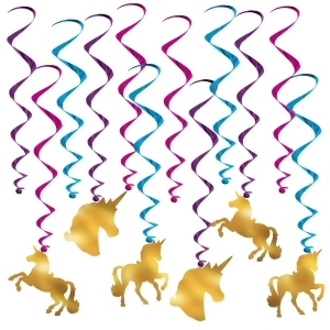 Club Pack of 12 Fantasy Unicorn Whirls Hanging Party Decorations 31.5 - All