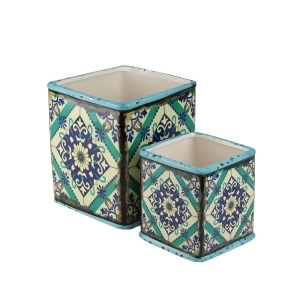 Set of 2 Aquamarine Blue and Poppy Red Ceramic Decorative Tile Pattern Pots 6.25 - All
