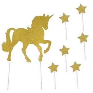 Pack of 12 Glittery Gold Fantasy Unicorn Cake Topper Party Picks 10.75 - All