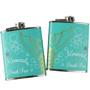 Set of 2 Decorative Aqua Green with White and Gold Mermaid Drink Flask 5 - All