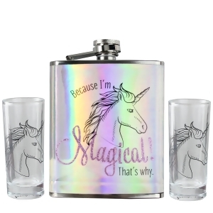 Set of 3 Iridescent Because Im Magical Thats why. Unicorn Flask and Glasses 5 - All
