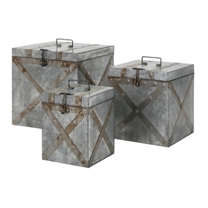 Set of 3 Gray Galvanized Iron Parry Decorative Storage Trunks with Carry Handles - All