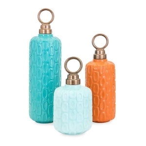 Set of 3 Turquoise Sky Blue and Tangerine Orange Decorative Ceramic Jars - All