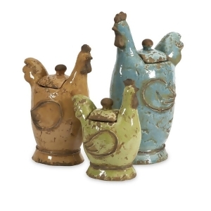 Set of 3 Blue Brown and Green Rooster Decorative Ceramic Lidded Canisters - All