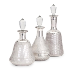 Set of 3 Silver Hammered Metal Textured Decorative Glass Lidded Bottles - All