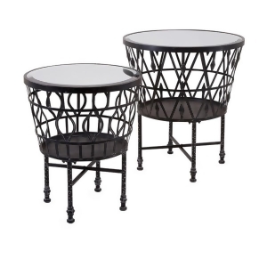 Set of 2 Black Decorative Tribal Style Iron Drum Accent Tables with Mirrored Tops - All
