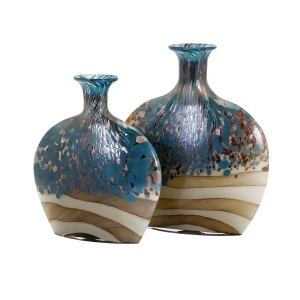 Set of 2 Stone Blue Brown and Ivory White Decorative Handcrafted Glass Vases - All