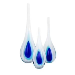 Set of 3 White Cobalt and Sky Blue Decorative Handcrafted Artisan Glass Vases - All