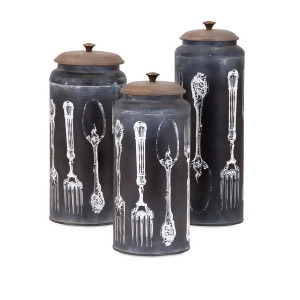 Set of 3 Black Decorative Tableware with White Outline Motifs Wooden Canisters 10.5 - All