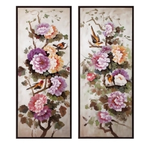 Set of 2 Pink Orange and Green Flowers and Birds Oil on Canvas Framed Wall Art - All