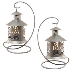 Set of 2 Pewter Table Top Metal Lanterns with Hanging Stand 7.75 - All