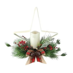 15 Decorative Pine Needle Berry and Jingle Bell Distressed White Star Shaped Candle Holder - All