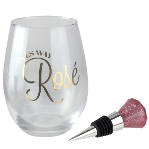 Pink Glittered Diamond Rose Stemless Wine Glass and Bottle Stopper Gift Set 16oz - All