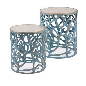 Set of 2 Sky Blue Coral Decorative Round Drum Tables with Mother of Pearl Tops - All