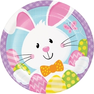 Pack of 96 White and Pink Decorative Bunny Themed Rounded Plate 6.875 - All