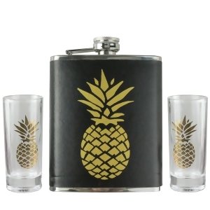 3-Piece Black and Metallic Gold Tropical Pineapple Flask and Shot Glass Set - All