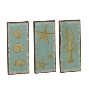 Set of 3 Spring Aqua Green and Gold Coastal with Coral Edge Decorative Wall Art 14 - All