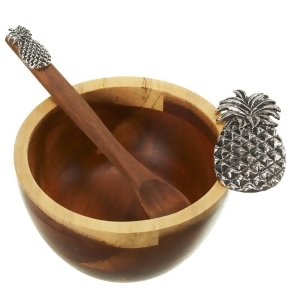 Set of 2 Brown Wooden Bowl and Spoon Sets with Metal Pineapple 5.75 - All