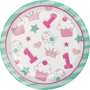 Club Pack of 96 Pink and White Doodle 1st Birthday Plate 6.87 - All
