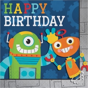 Club Pack of 192 Orange and Green Happy Birthday Printed Party Robots Luncheon Napkin 12.875 - All