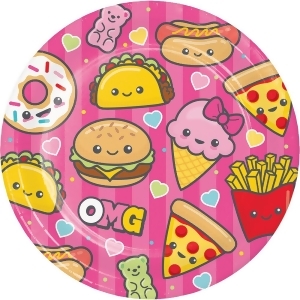 Club Pack of 96 Pink and Yellow Junk Food Fun Round Luncheon Plate 8.87 - All