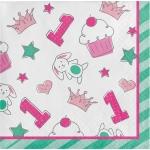 Club Pack of 192 Pink and Green Doodle 1st Birthday Beverage Napkin 10 - All