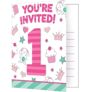 Club Pack of 48 White and Pink Doodle 1st Birthday Fold-over Invitation 7.5 - All