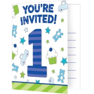 Club Pack of 48 White and Blue Doodle 1st Birthday Fold-over Invitation 7.5 - All