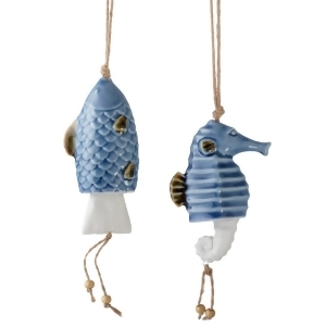 Set of 2 Nautical Ceramic Blue and White Detailed Hanging Seahorse and Fish Bells Figures 3.5 - All