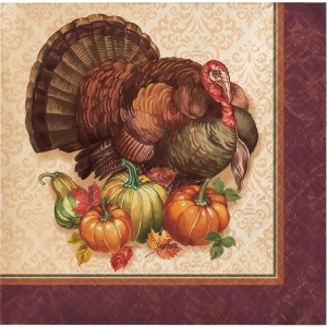 Club Pack of 12 Brown and Green Thanksgiving Turkey Beverage Napkin 5 - All