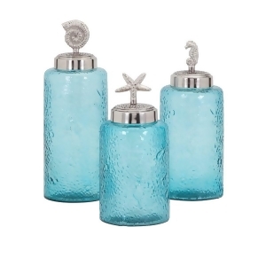 Set of 3 Transparent Sea Blue Decorative Lidded Glass Canisters with Silver Lids - All