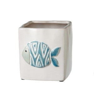 Set of 2 Sea Blue and Ivory White Decorative Squared Small Fish Vase 8 - All