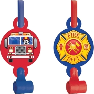 Club Pack of 48 Red and Blue Flaming Fire Truck Printed Blowout with Medallion 8.2 - All