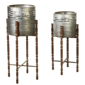 Set of 2 Metallic Silver and Brown Round Galvanized Planter on Stand 31 - All