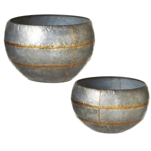 Set of 2 Distressed Silver Oversize Round Galvanized Planter with Gold Stripe 23 - All