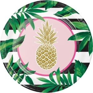 Club Pack of 96 Green and Pink Pineapple Wedding Foil Banquet Disposable Plates 10.1 - All