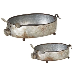 Set of 2 Silver Distressed Galvanized Vintage Style Pig Themed Planter 21 - All