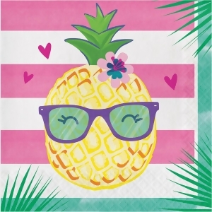 Club Pack of 192 Pink and Green Happy Pineapple Striped Luncheon Napkin 6.5 - All