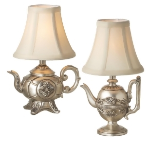 Set of 2 Antique Silver Teapot Table Top Mini Lamps With Shade 12 - All