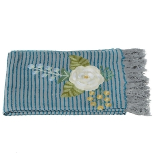60 Blue and Gray Striped Floral Embroidered Cotton Throw Blanket with Fringed Border - All