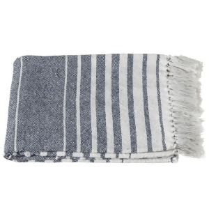 Set of 2 Navy Blue and Off White Striped Throw Blanket with Fringed border 50 x 60 - All
