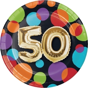 Pack of 96 vibrantly colored dots with metallic gold50 birthday Balloon luncheon plate 6.8 - All