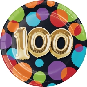 Pack of 96 vibrantly colored dots with metallic gold100 birthday Balloon luncheon plate 6.8 - All
