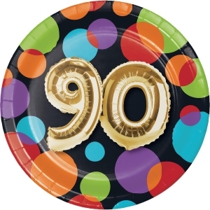 Pack of 96 vibrantly colored dots with metallic gold90 birthday Balloon luncheon plate 6.8 - All
