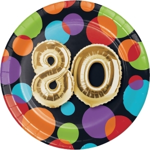 Pack of 96 vibrantly colored dots with metallic gold80 birthday Balloon luncheon plate 6.8 - All