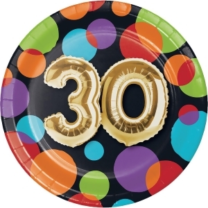 Club Pack of 96 Vibrant Colored Dots with Metallic Gold 30 Birthday Balloon Luncheon Plates 6.8 - All