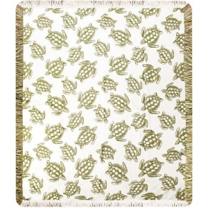 60 Olive and White Sea Turtle Print Rectangular Throw Blanket with Fringe - All