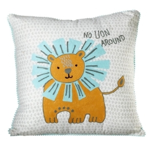18 Yellow and Seafoam Blue Embroidered Lion Throw Pillow No Lion Around - All
