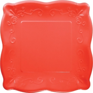 Club Pack of 48 Coral Red Embossed Scroll Design Square Luncheon Party Plates 7.25 - All