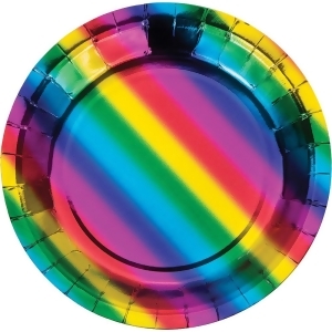 Club Pack of 96 Rainbow Striped Foil Round Luncheon Party Plates 7 - All